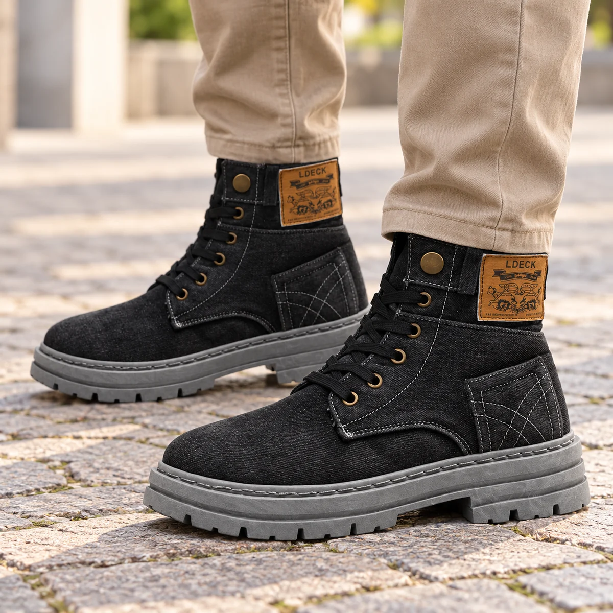 Détails des lacets des bottines en toile pour homme noir