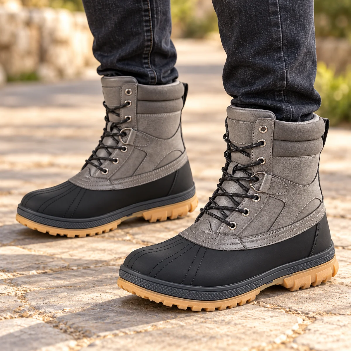 Vue rapprochée des bottines homme à lacets en noir et gris décontractées