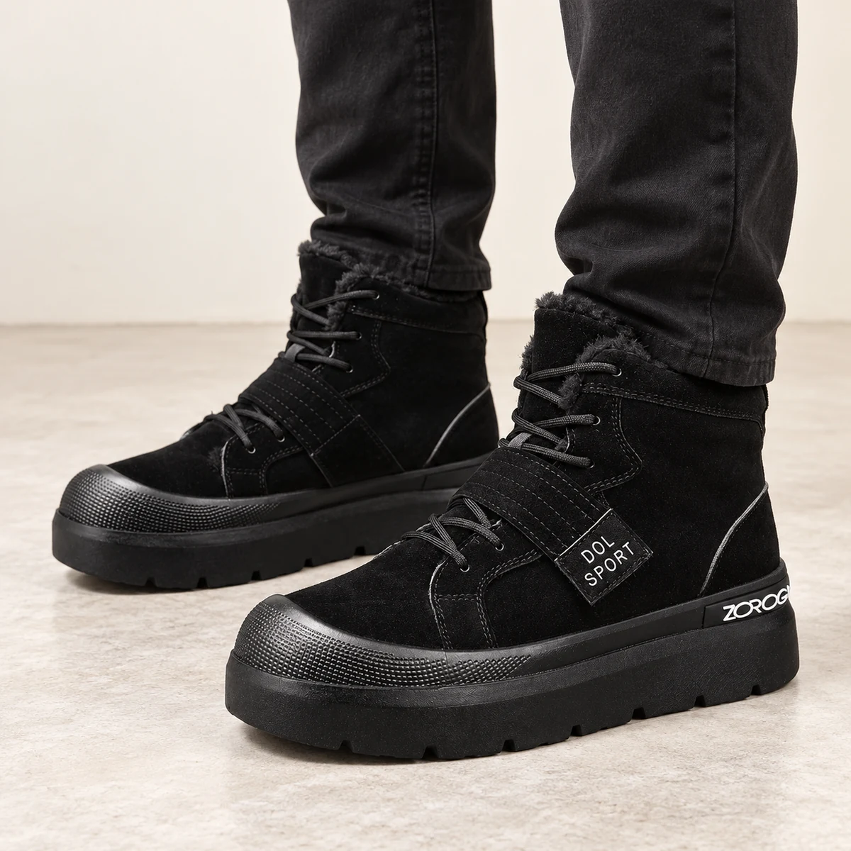 View de côté des bottines homme noires fourrées à lacets et bout coloré