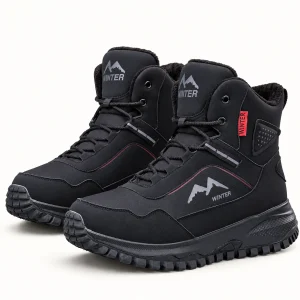 Bottines homme noires fourrées avec lacets et motifs montagne pour hiver