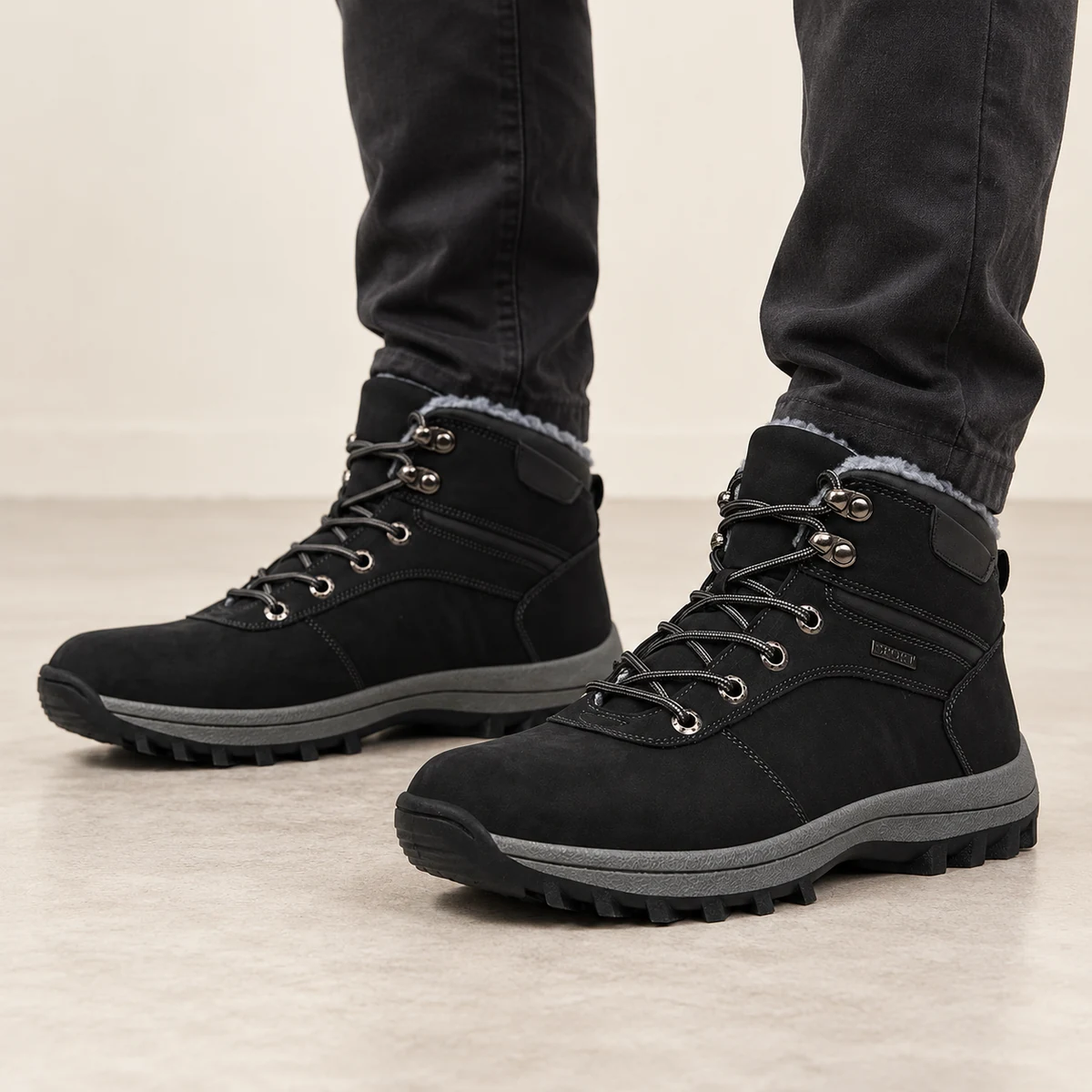 Chaussures homme noires fourrées à lacets avec semelle grise confort hiver