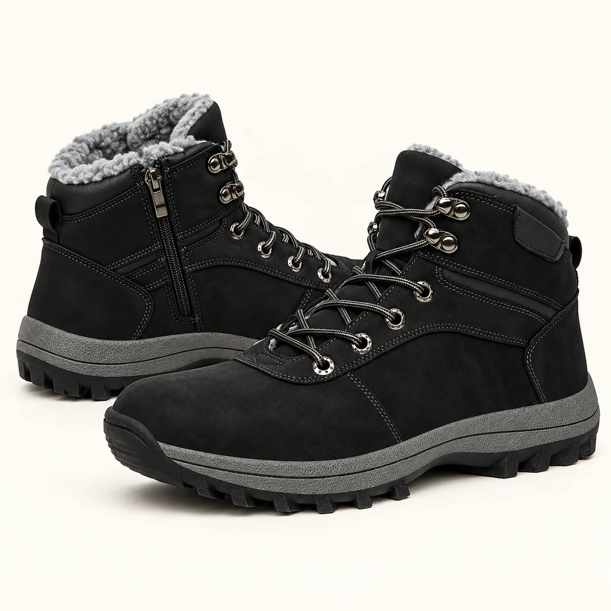 Chaussures homme noires fourrées à lacets et semelle grise pour saison froide
