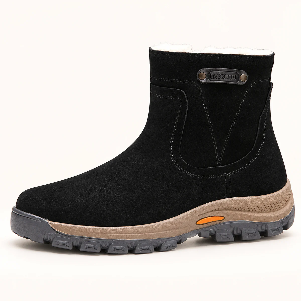 Bottines hommes noires fourrées avec semelle contrastée, idéal pour saison froide
