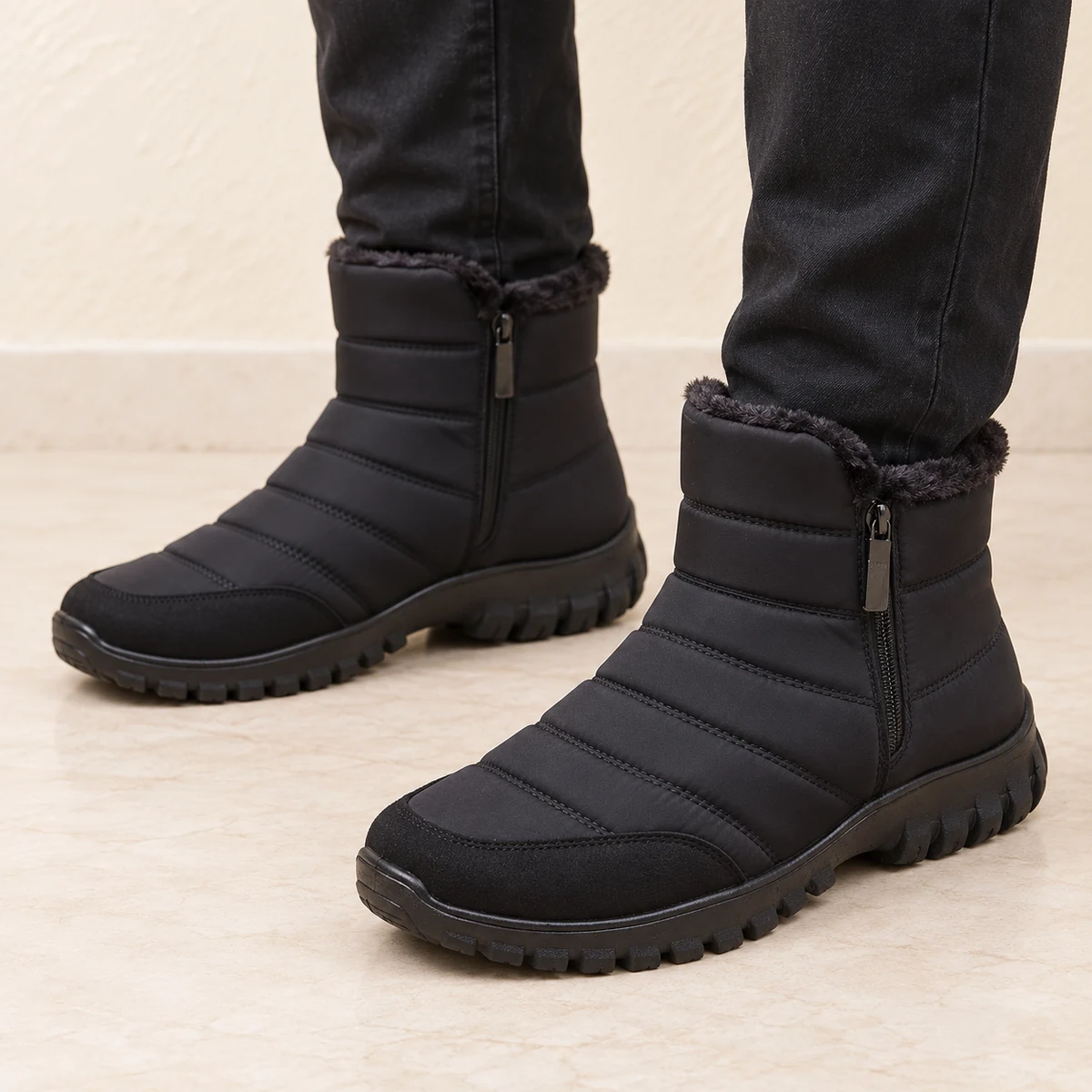 Close-up de bottines noires fourrées pour homme avec fermeture éclair