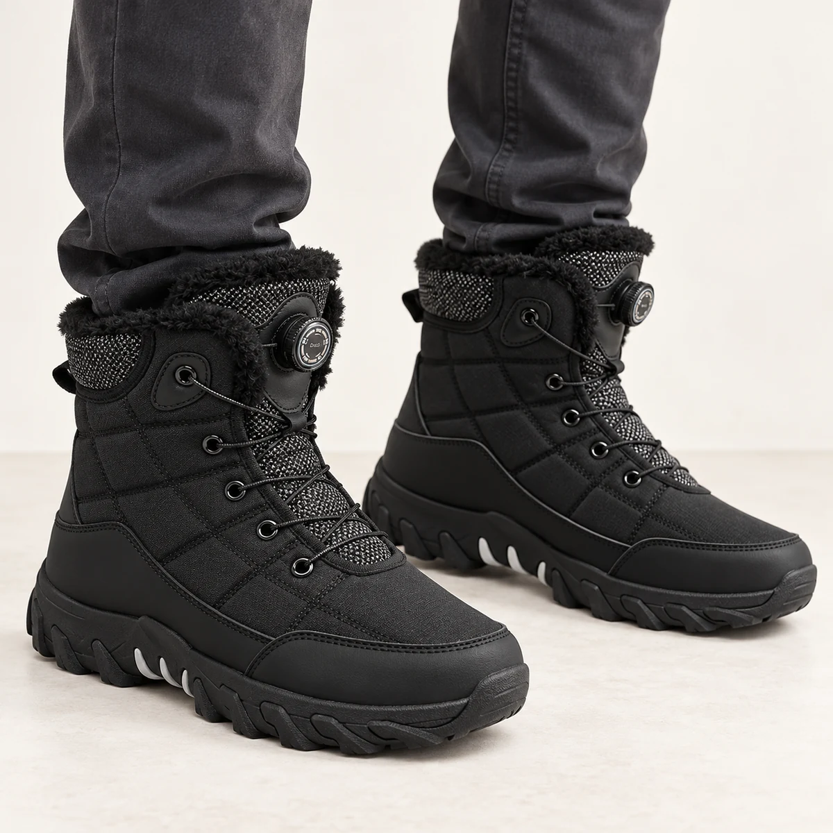 Vue frontale de bottines homme noires matelassées à laçage express