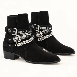 Bottines homme noires veloutées avec chaînes décoratives élégantes