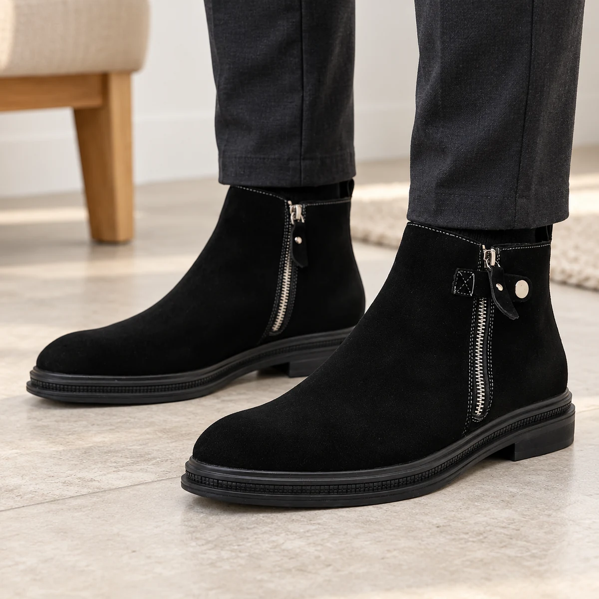 Close-up de bottines homme noires en velours avec fermeture éclair