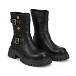 Bottines motardes noires à deux boucles pour femme