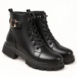 Bottines motardes femmes noires à lacets et boucle en cuir