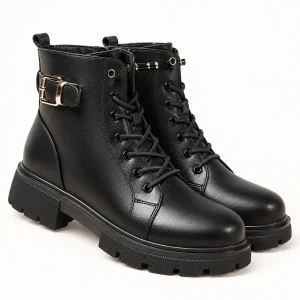 Bottines motardes femmes noires à lacets et boucle en cuir