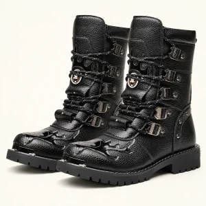 Bottines motardes noires pour homme avec boucles et fourrure intérieure