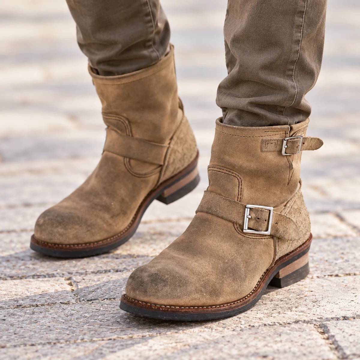 Vue de face des bottines motardes homme taupe à deux boucles