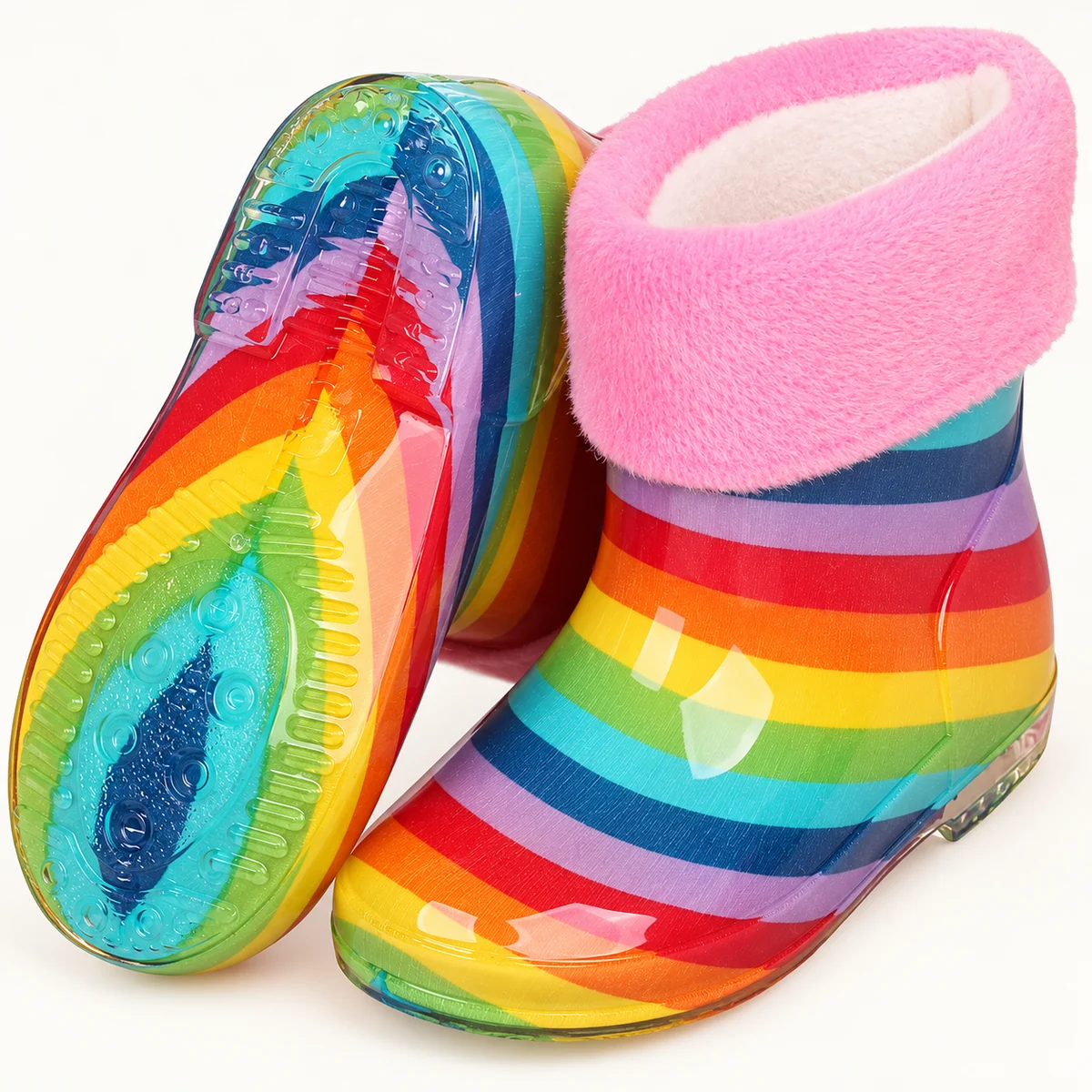 Bottines de pluie enfant arc-en-ciel à revers rose – Image 4