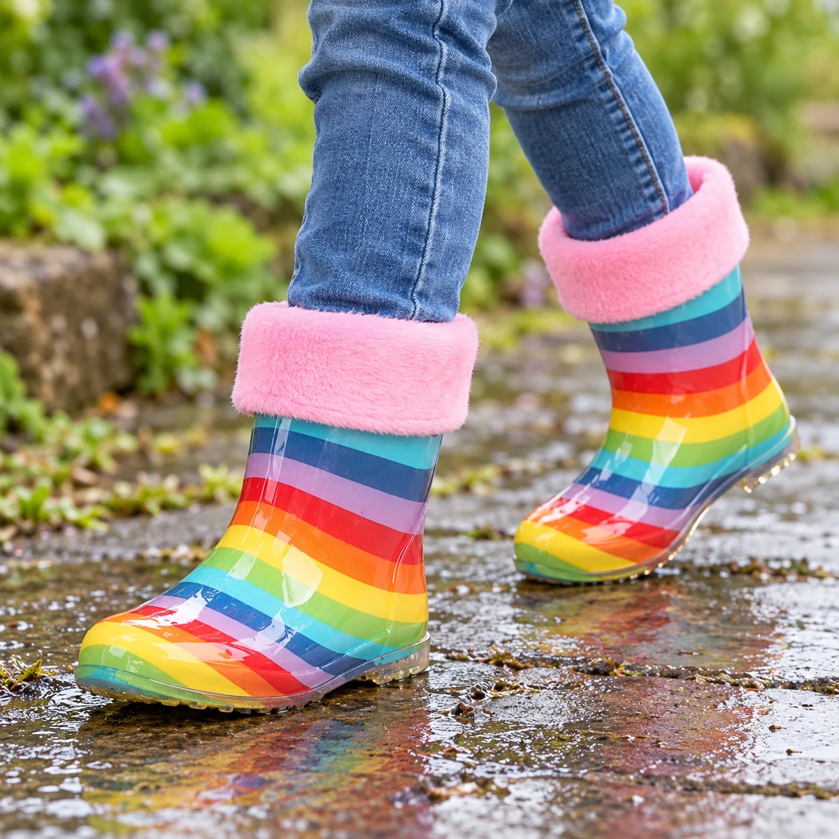 Bottines de pluie enfant arc-en-ciel à revers rose – Image 2