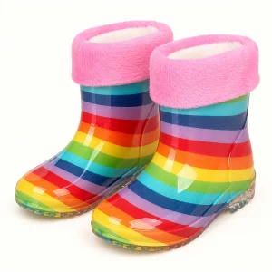 Bottines de pluie enfant arc-en-ciel à revers rose