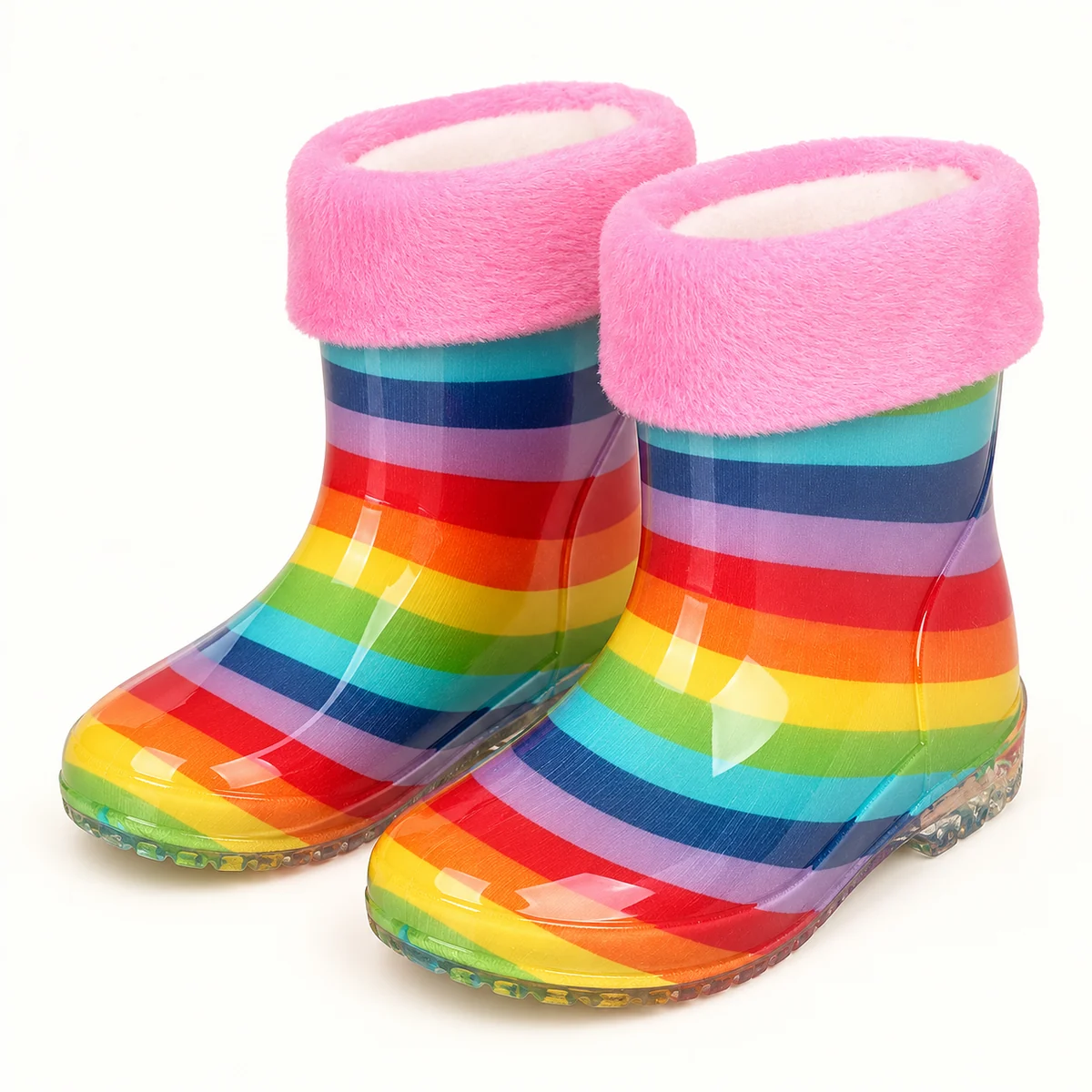 Bottines de pluie enfant arc-en-ciel à revers rose
