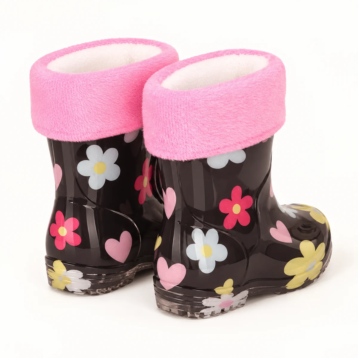 Bottines de pluie enfant noires fleuries à revers rose – Image 3