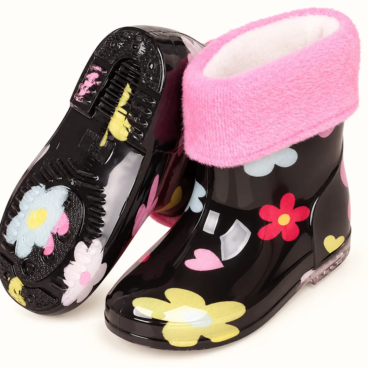 Bottines de pluie enfant noires fleuries à revers rose – Image 4