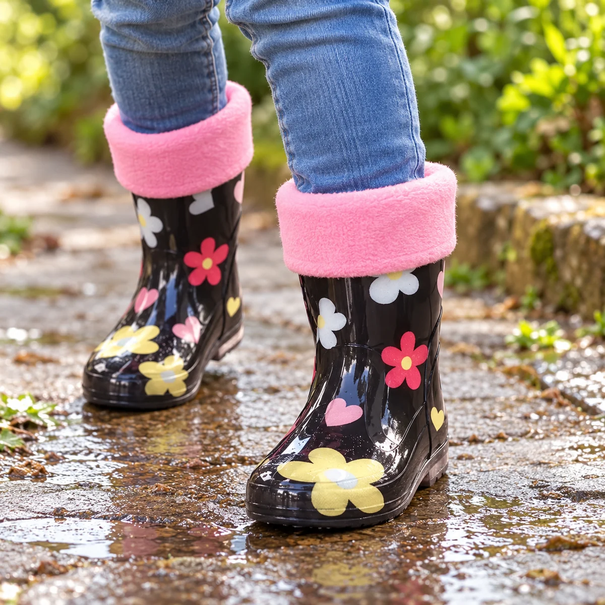 Bottines de pluie enfant noires fleuries à revers rose – Image 2