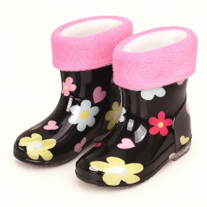 Bottines de pluie enfant noires fleuries à revers rose