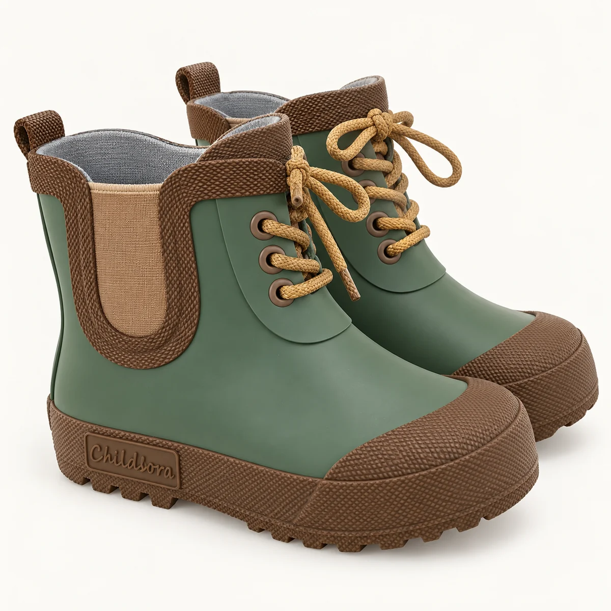 Bottines de pluie enfant vert olive à lacets – Image 4