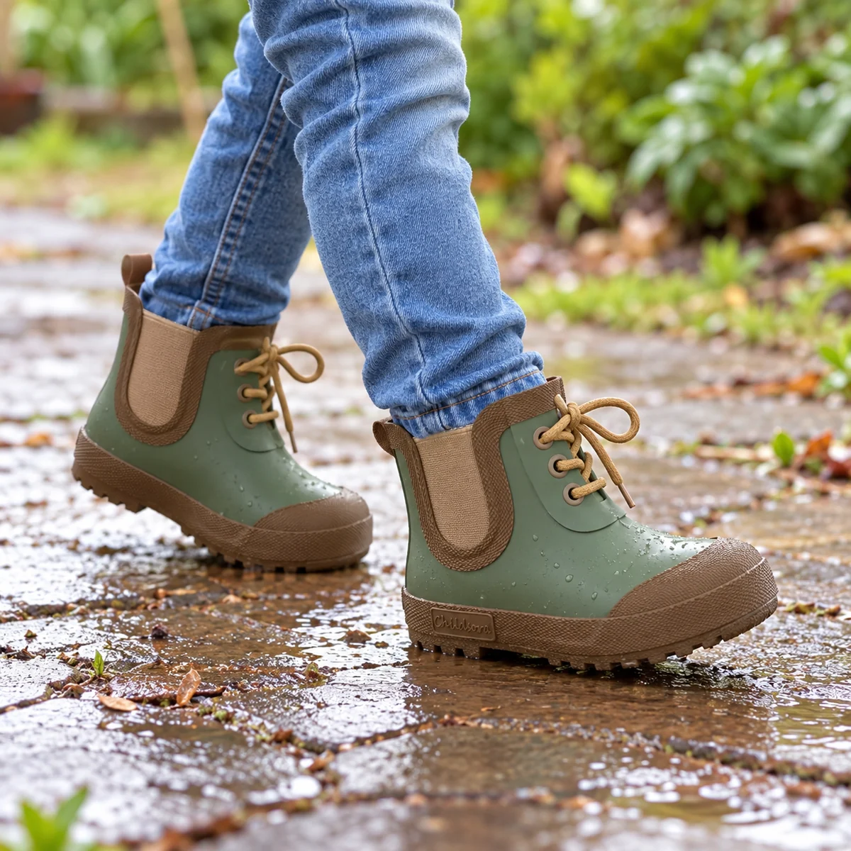 Bottines de pluie enfant vert olive à lacets – Image 2