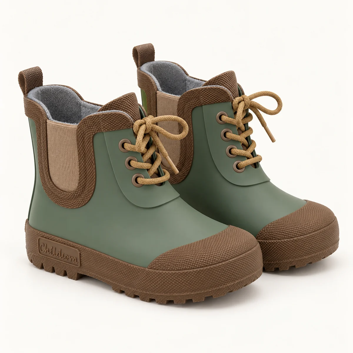 Bottines de pluie enfant vert olive à lacets
