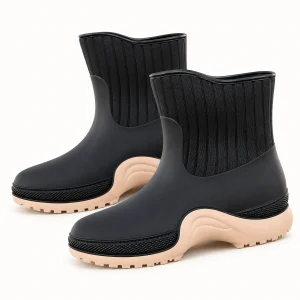 Bottines de pluie femme noires à col côtelé