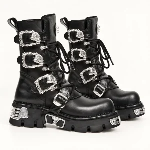Bottines rock homme noires avec grandes boucles argentées