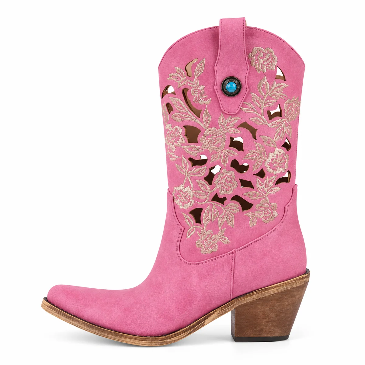 Vue de face des bottines santiag femmes roses avec découpes sophistiquées