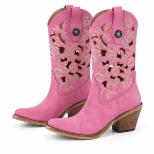 Bottines santiag femmes roses avec découpes décoratives élégantes