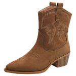 Bottines cowboy femme marron à broderies ton sur ton en cuir véritable