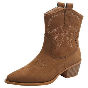 Bottines cowboy femme marron à broderies ton sur ton en cuir véritable