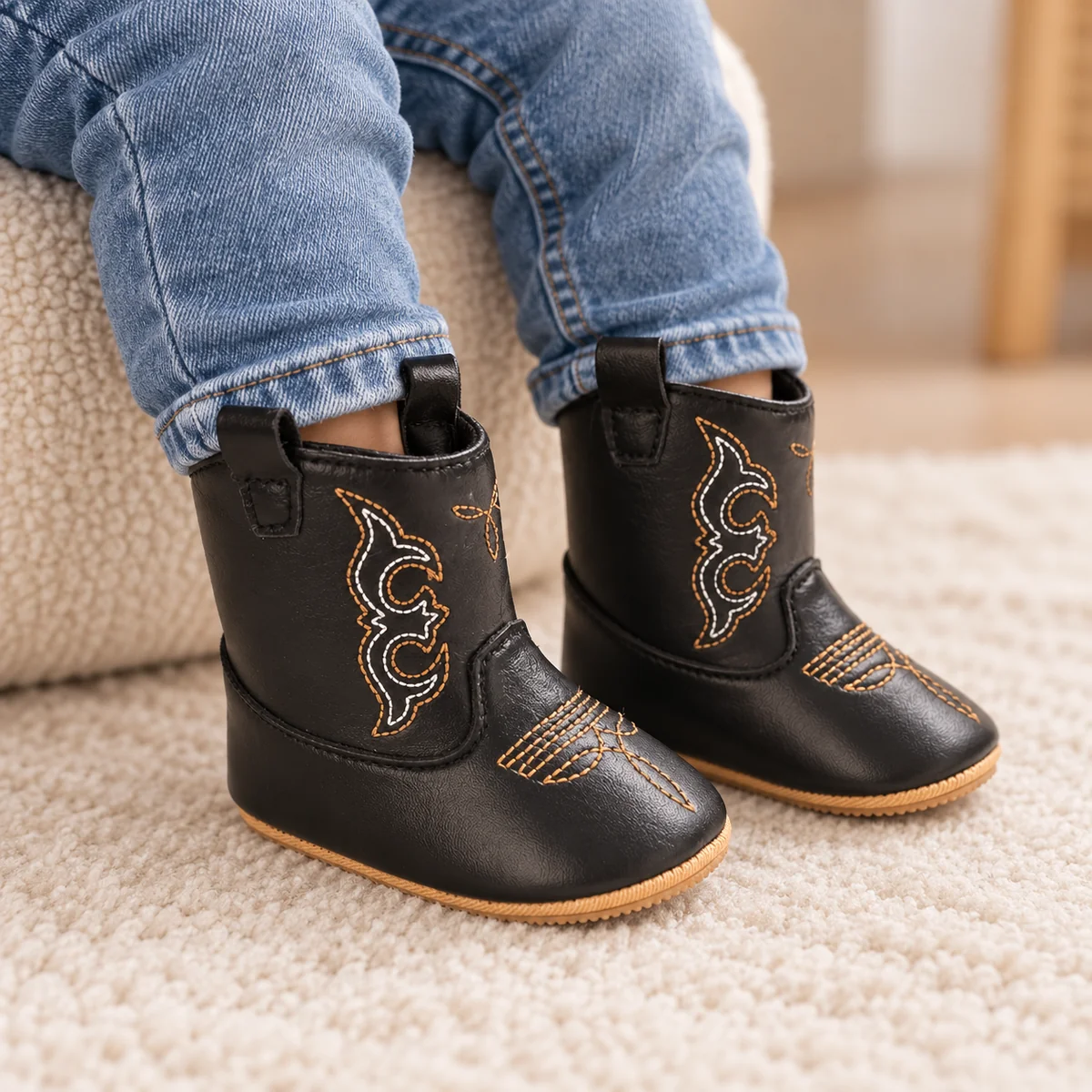Jeune fille portant des bottines western noires à scratch pour bébé fille
