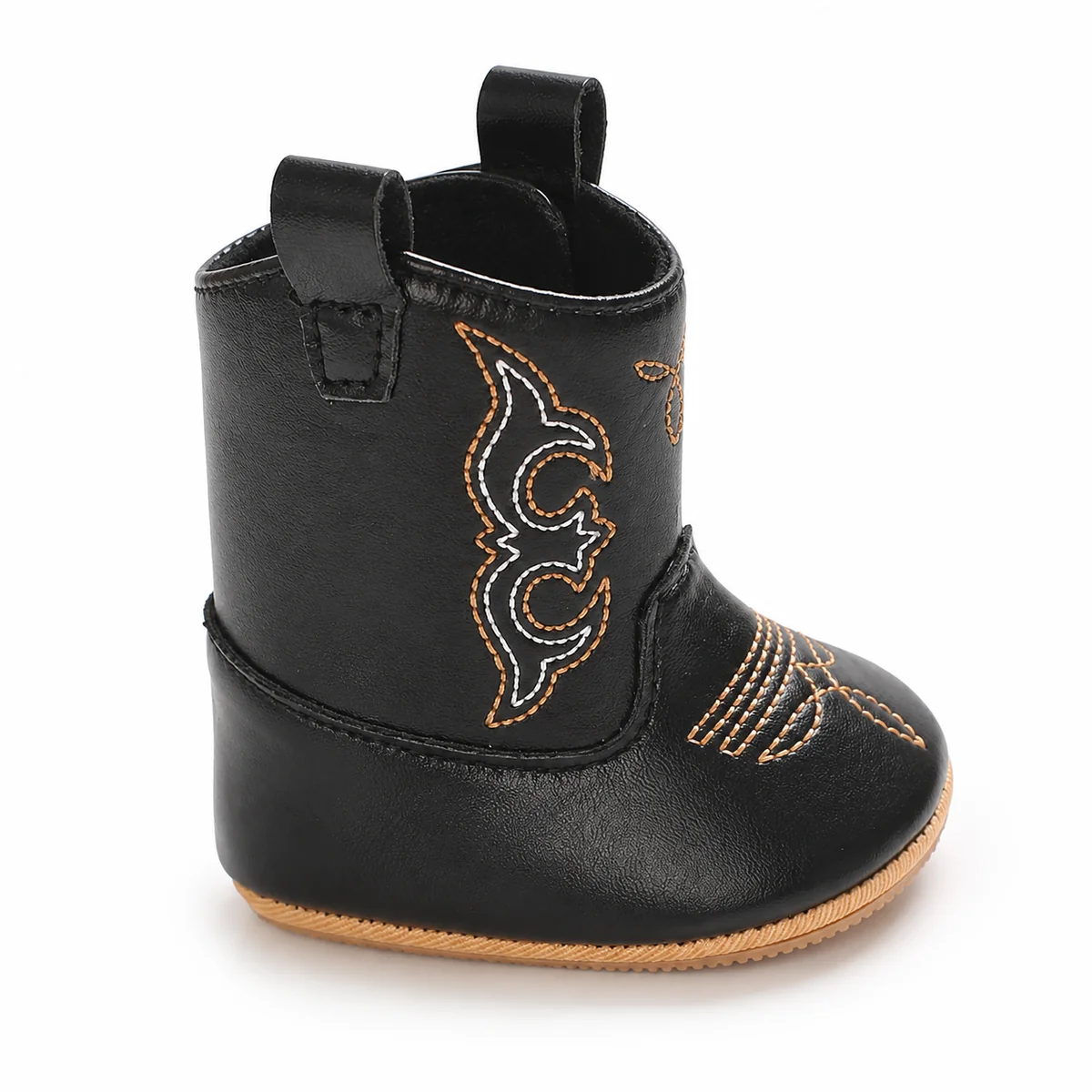 Détail des bottines western bébé fille à scratch en cuir noir