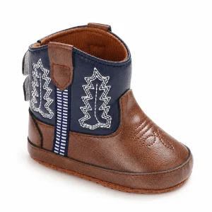 Bottines western bébés filles brodées bleu marine avec scratch