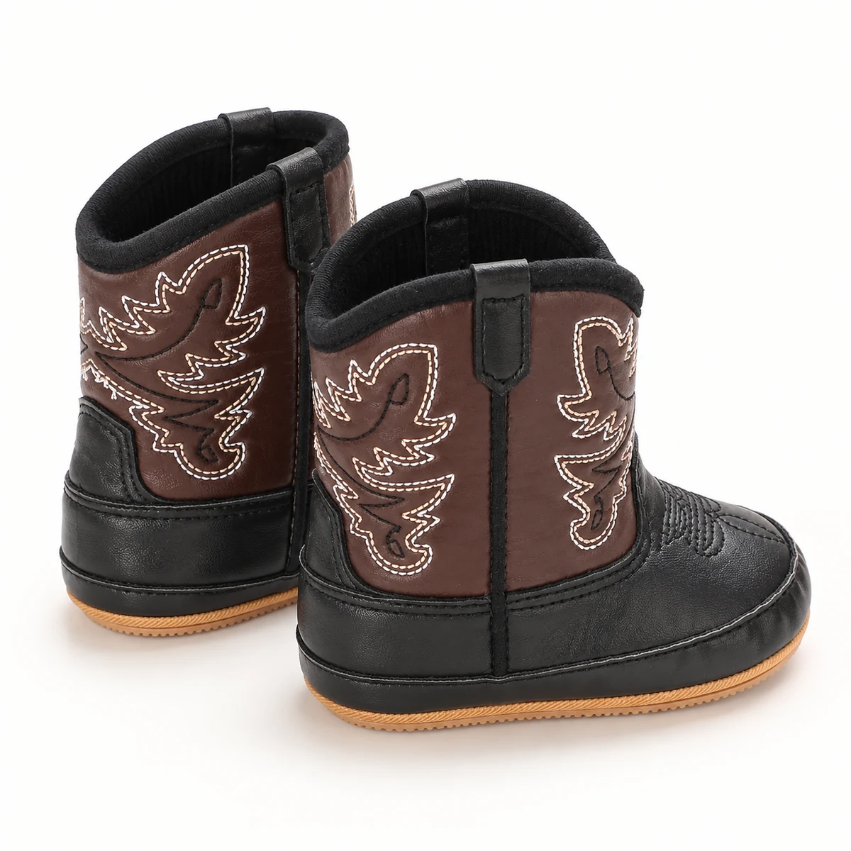 Petites bottines western bébé noires avec broderies et fermeture pratique à scratch