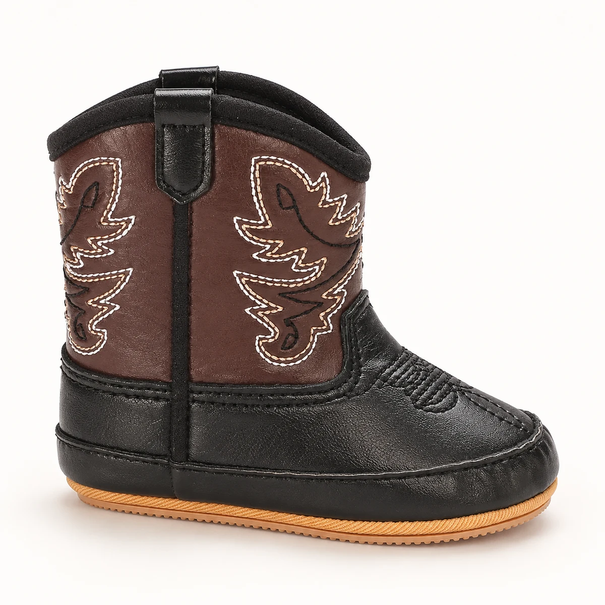 Bottines bébé en cuir noir avec décoration western et système de fixation à scratch
