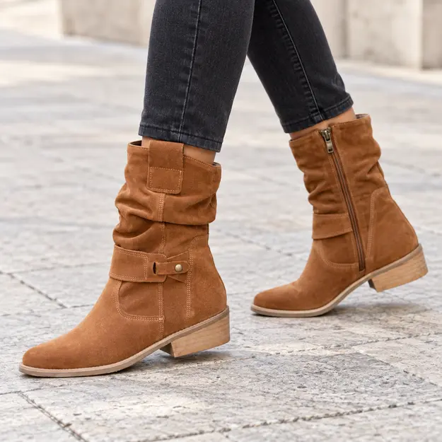 bottines western femme a petit talon marron tige courte portees en marchant avec un pantalon sombre 45119