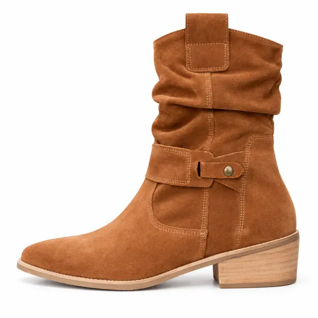 bottines western femme a petit talon marron tige courte vue de profil sur fond blanc 45119