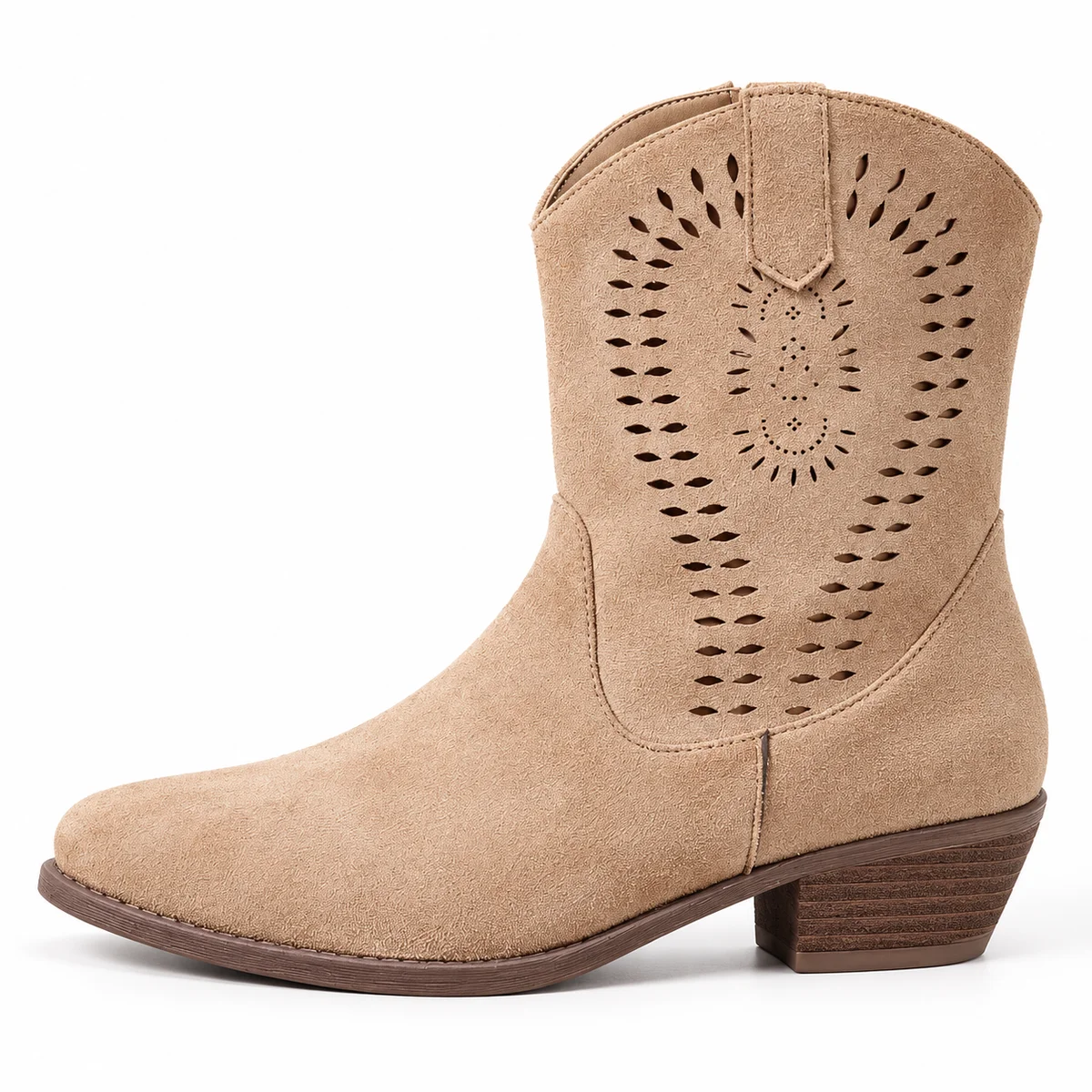 Détails des motifs ajourés sur bottines western femme beige rosé tendance
