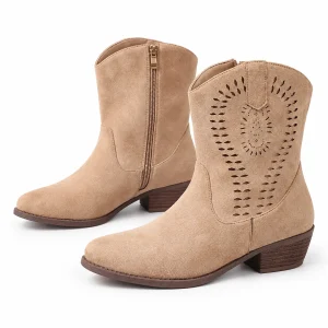 Bottines western femme beige rosé avec motifs ajourés et style bohème