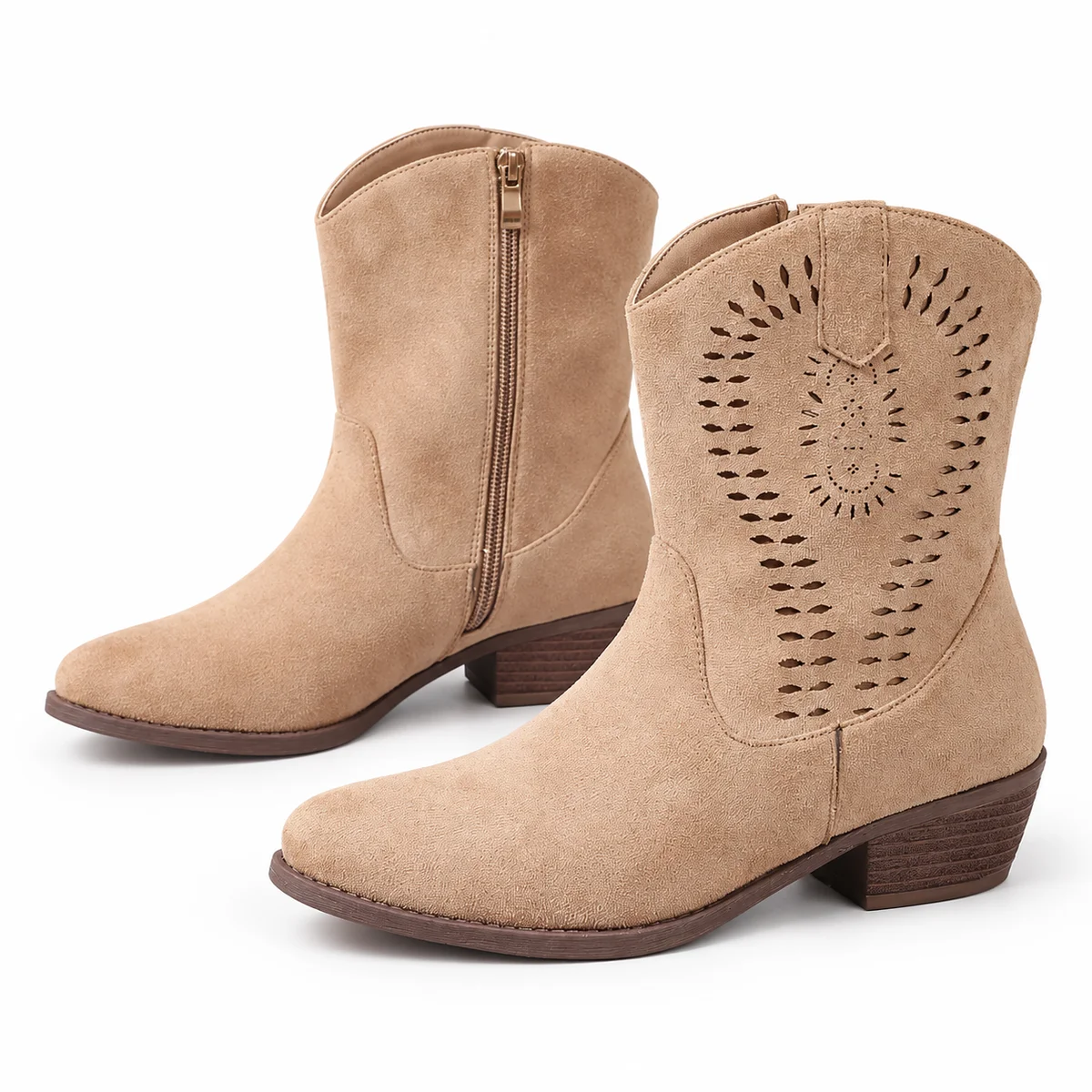 Bottines western femme beige rosé avec motifs ajourés et style bohème