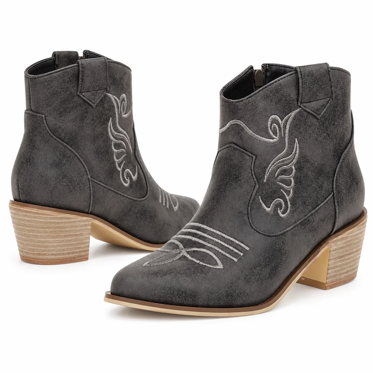 Chaussures western femme à talon gris foncé brodées avec fermeture zippée