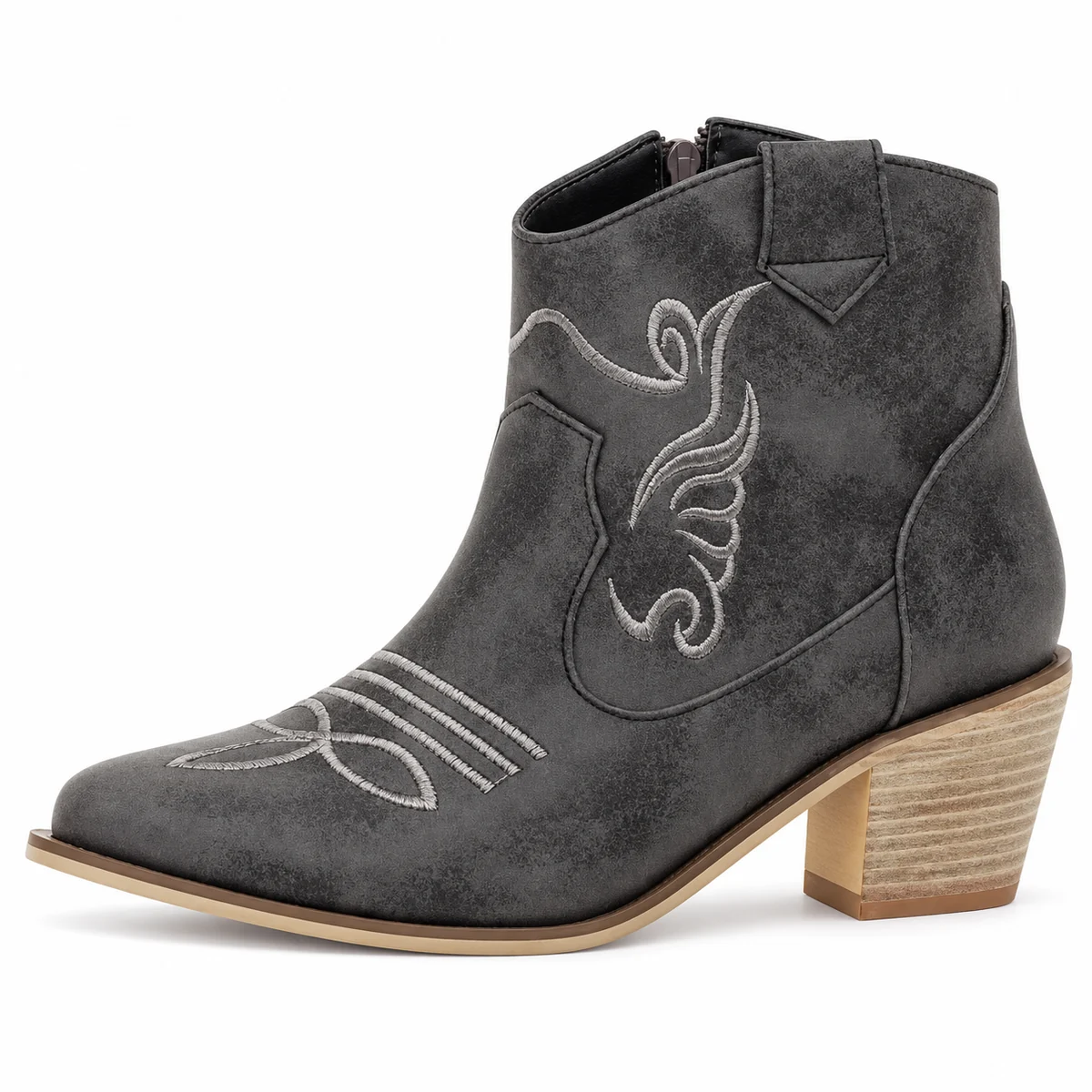 Vue de côté des bottines western femme gris foncé avec zip et broderies colorées