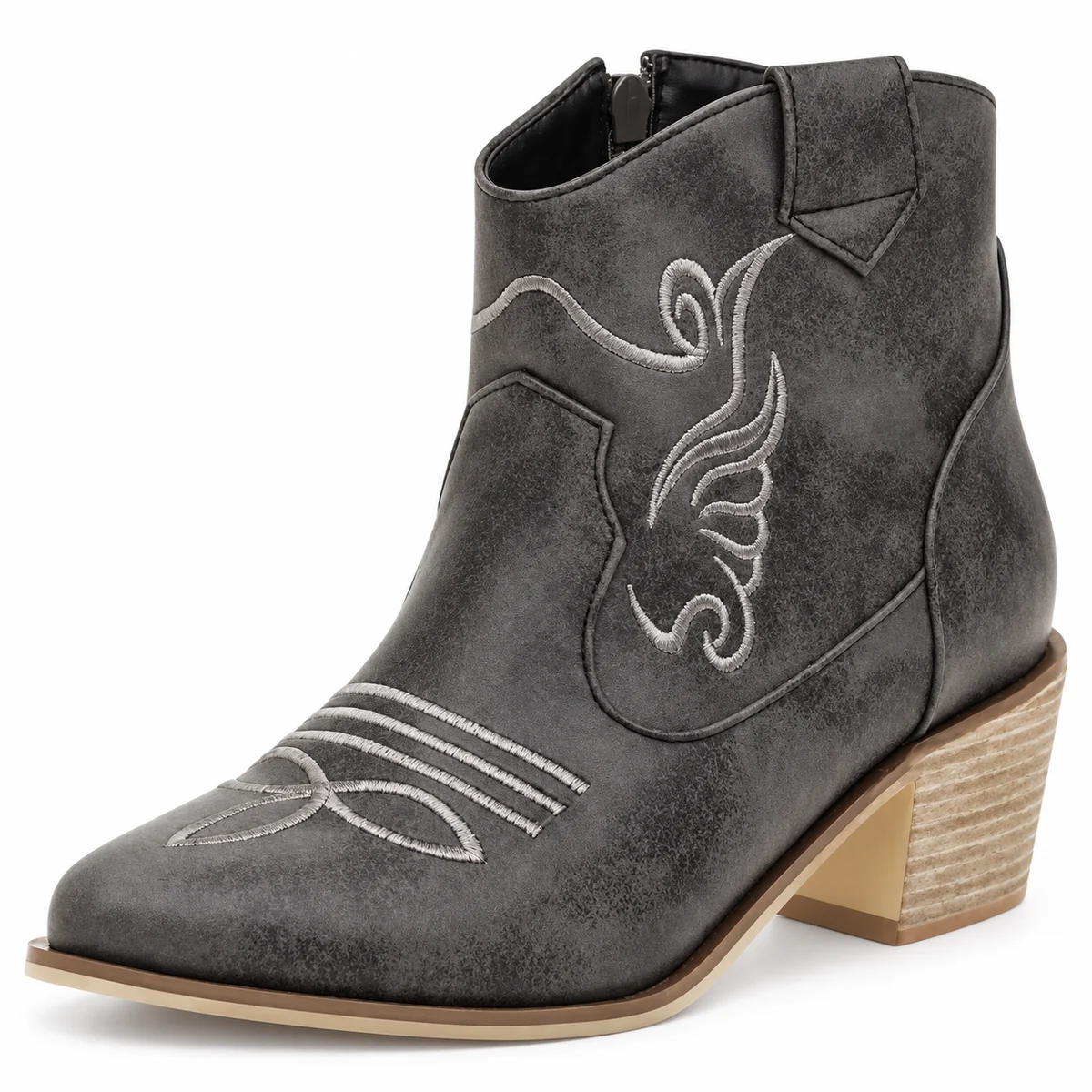 Bottines western femme gris foncé avec broderies élégantes et fermeture zip