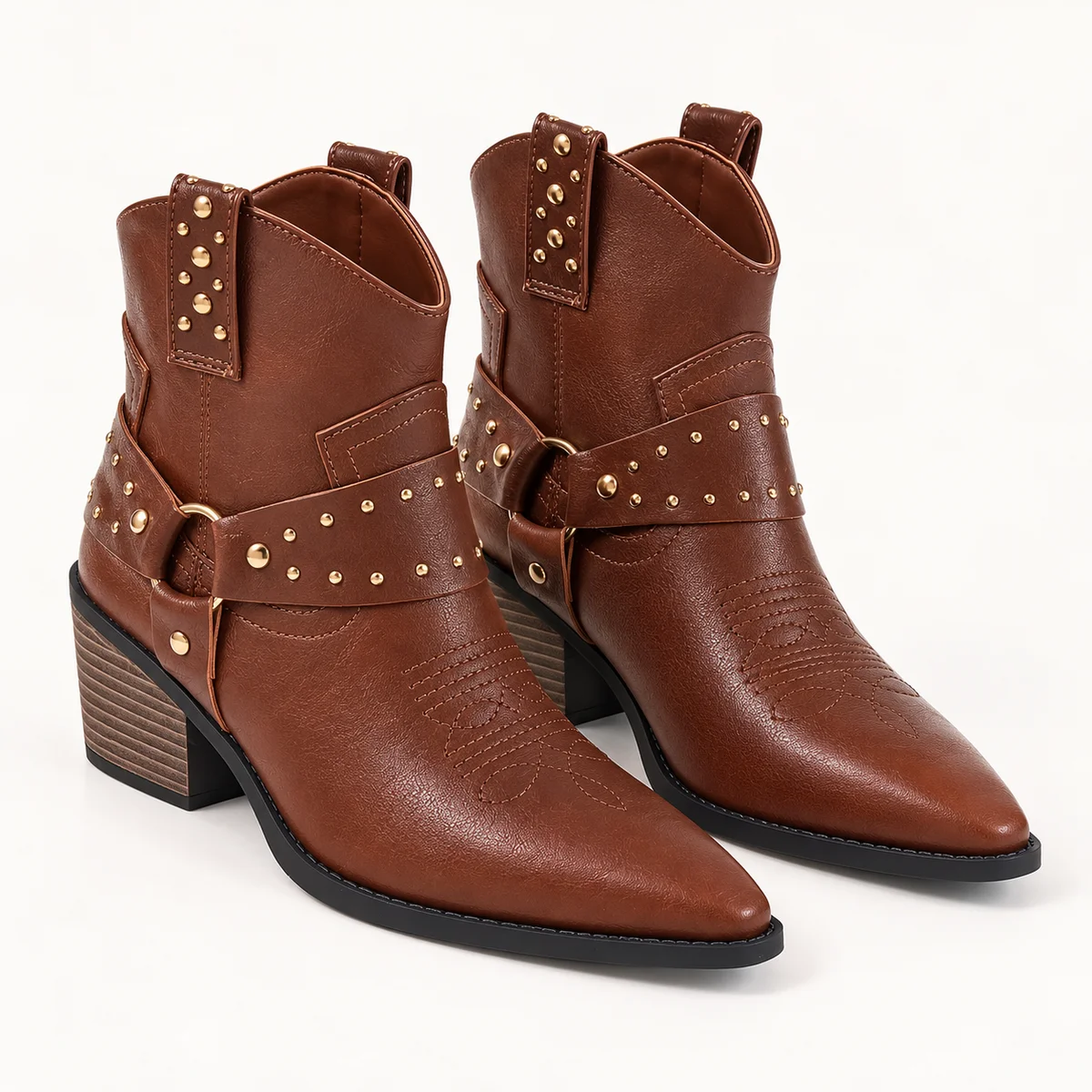 Bottines western femme marron avec bride et clous décoratifs élégantes