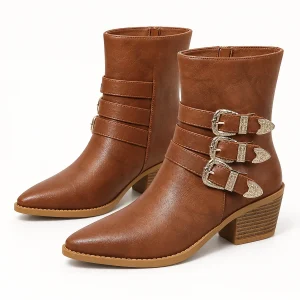 Bottines western pour femme marron avec trois boucles élégantes
