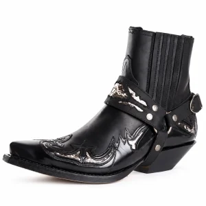 Bottines western homme noires avec bride ornée et bout pointu en cuir