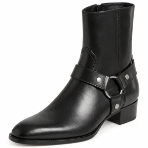 Bottines western homme noires avec harnais et anneau pour style cow-boy élégant
